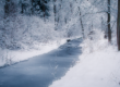 A frozen river winding through a snowy forest landscape.